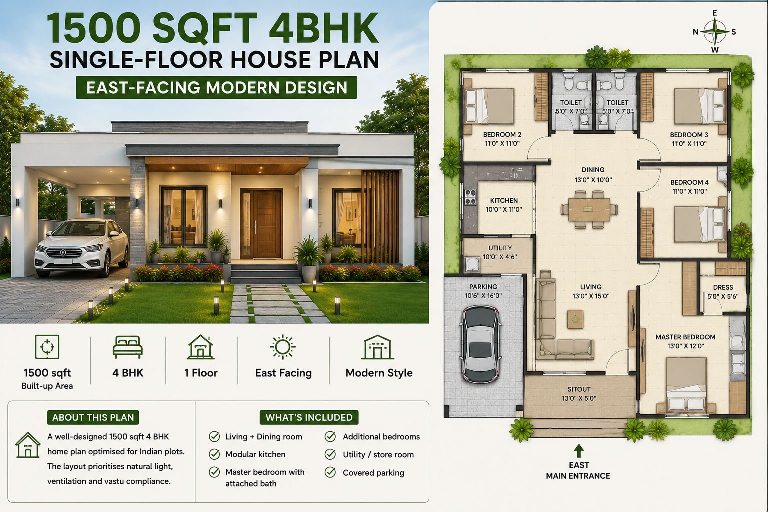 1500 Sq Ft 4 BHK House Plan: Single-Floor East-Facing Modern Design for Indian Families