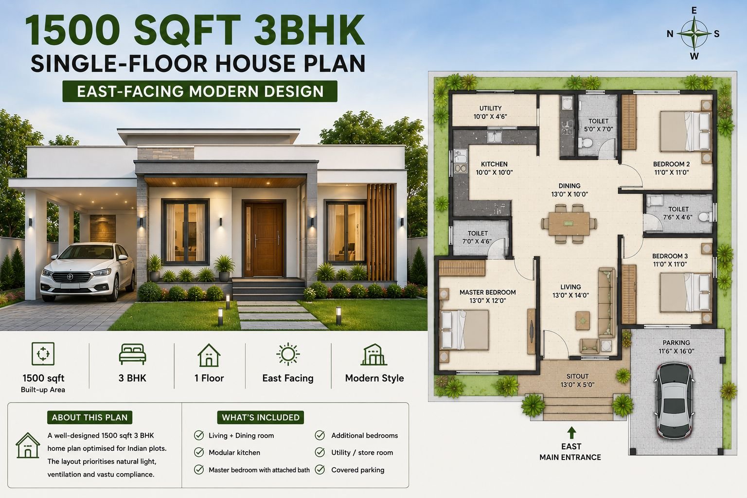 1500 sqft 3 BHK