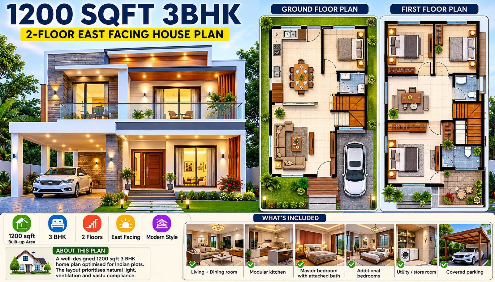 1200 Sq Ft 3 BHK House Plan: 2-Floor East-Facing Modern Design, Cost Estimate & Construction Duration