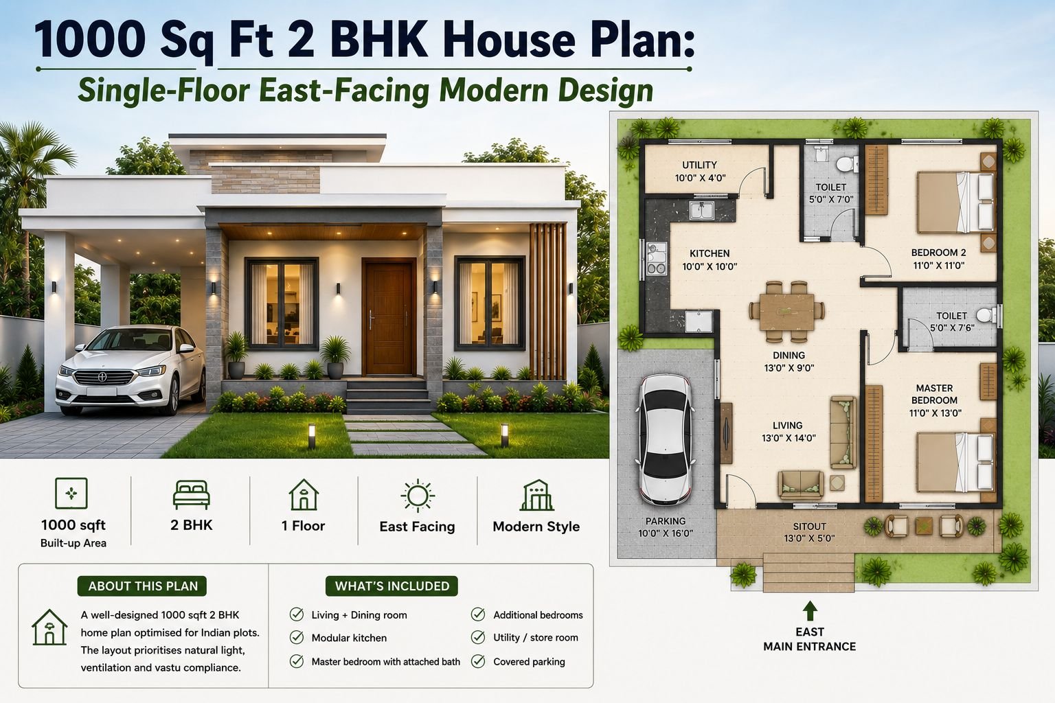 1000 Sq Ft 2 BHK House Plan: Single-Floor East-Facing Modern Design ventilation and vastu compliance