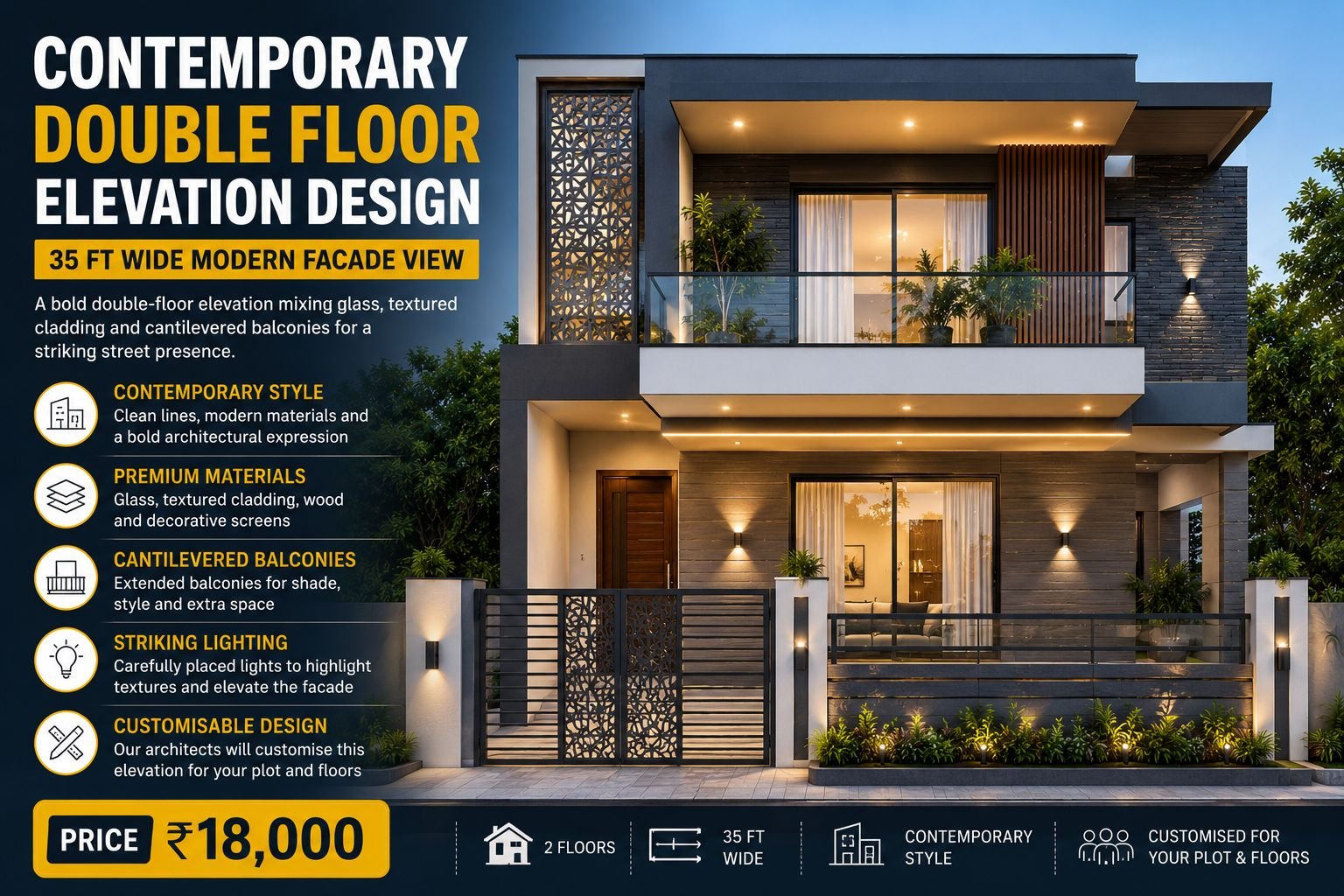 Contemporary Double Floor Elevation Design: 35 Ft Wide Modern Facade View