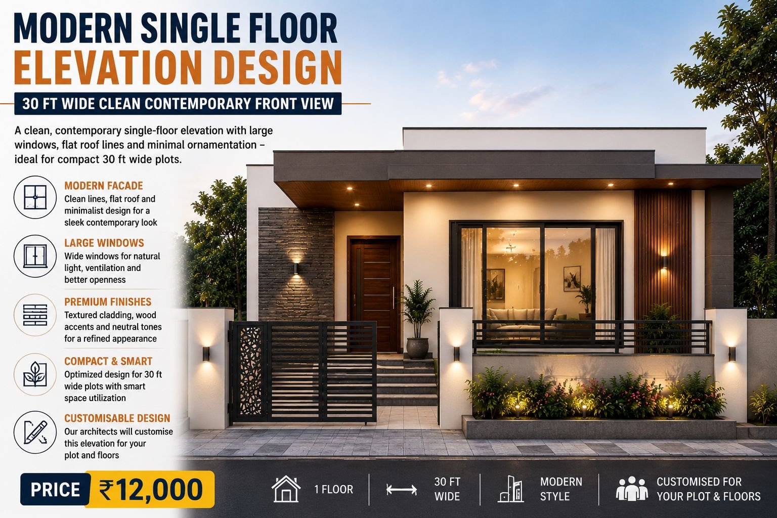 Modern Single Floor Elevation Design: 30 Ft Wide Clean Contemporary Front View